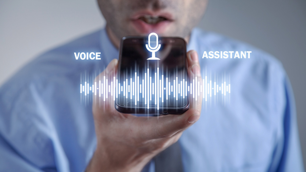 Voice Marketing - man using smartphone. voice assistant