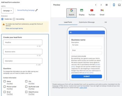 google-ad-lead form extension example